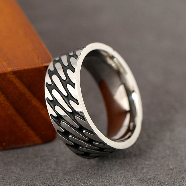 Hip-Hop Retro Lines Stainless Steel Wide Band Ring