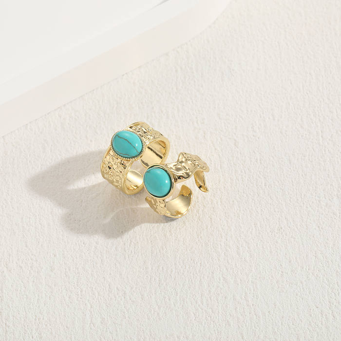 Elegant Luxurious Classic Style Irregular Copper 14K Gold Plated Turquoise Open Ring In Bulk