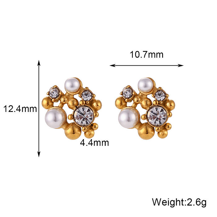 Elegant Flower Stainless Steel Plating Inlay Pearl Zircon 18K Gold Plated Earrings Necklace