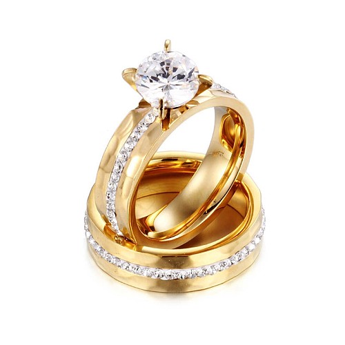 Anéis de zircão de casal dourado de aço inoxidável da moda coreana