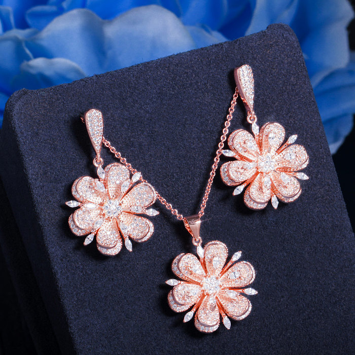 Elegant Romantic Flower Copper Plating Inlay Zircon Rose Gold Plated Earrings Necklace