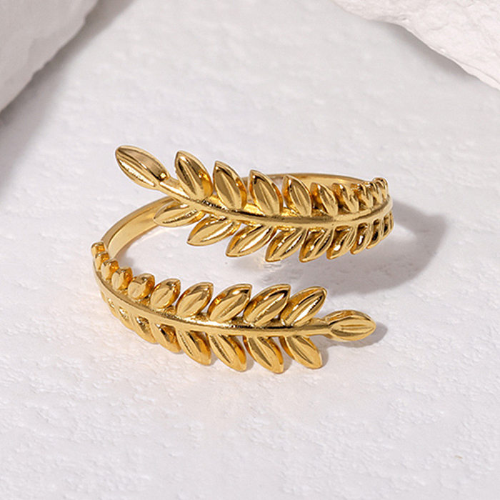 Estilo vintage estilo simples folhas de aço inoxidável banhado a ouro anel aberto banhado a prata a granel