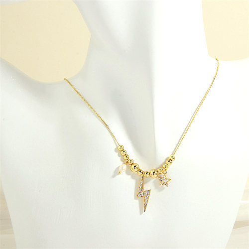 Retro Simple Style Pentagram Lightning Freshwater Pearl Copper Beaded Plating Inlay Zircon 18K Gold Plated Pendant Necklace