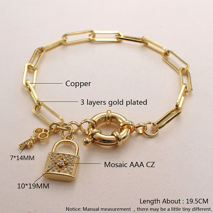 Hip-Hop Heart Shape Key Lock Copper Inlay Zircon Bracelets