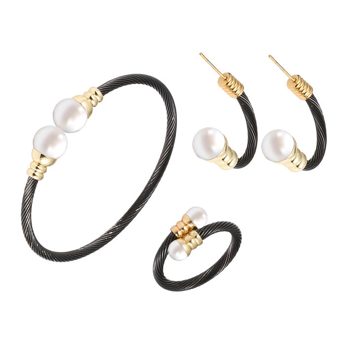 Casual Simple Style Spiral Stripe Stainless Steel Copper Braid Inlay Pearl Rings Bracelets Earrings