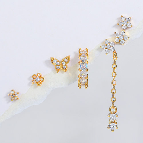 Fashion Butterfly Copper Inlay Zircon Ear Studs 5 Pieces