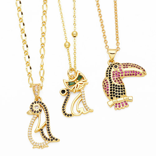 Collier avec pendentif en plaqué or 18 carats, Style Cool, pingouin, chat, perroquet, incrustation de cuivre, Zircon