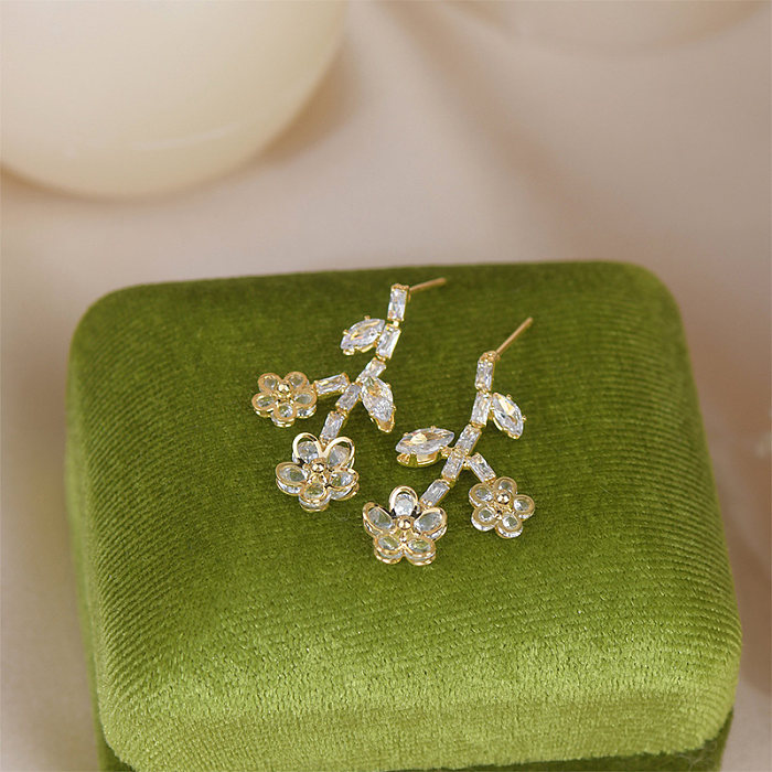 1 Pair Sweet Shiny Flower Plating Inlay Copper Zircon 14K Gold Plated Drop Earrings