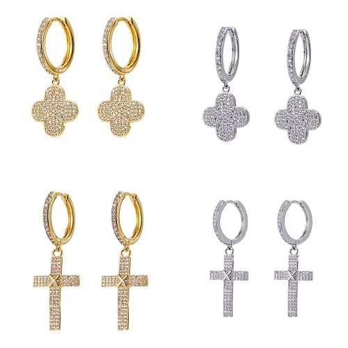 1 paire de boucles d'oreilles pendantes en cuivre et Zircon, Style IG, croix, trèfle à quatre feuilles, incrustation de placage