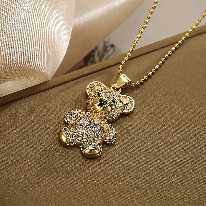 Cute Streetwear Bear Copper Plating Inlay Zircon 18K Gold Plated Pendant Necklace