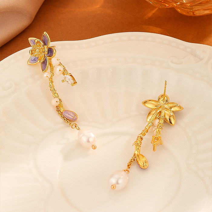 1 par estilo simples estilo britânico pentagrama flor incrustação de cristal de cobre brincos de pérola de água doce