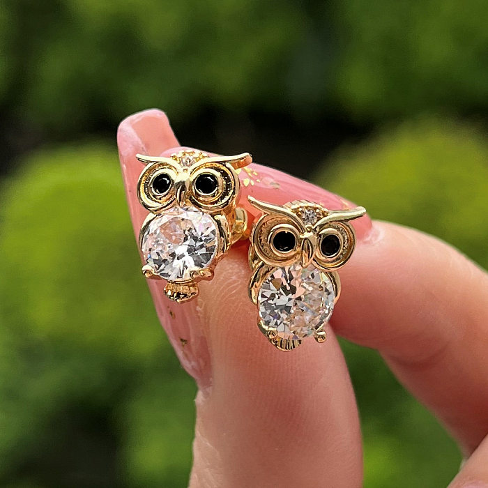 Fashion Owl Copper Inlay Zircon Ear Studs 1 Pair