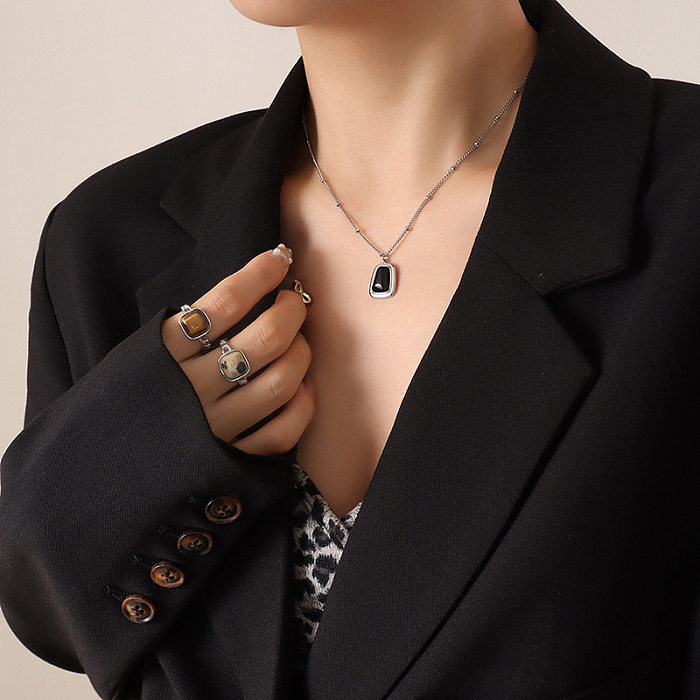 Conjuntos de joias de opala embutidas de colar de brincos de aço de titânio geométrico de moda feminina