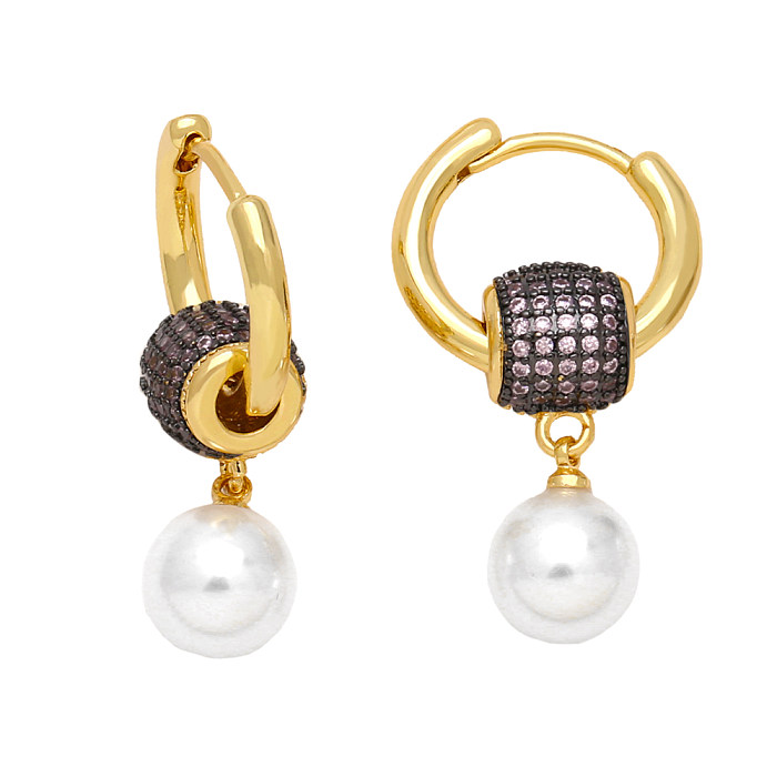 1 Pair Simple Style Round Plating Inlay Copper Pearl Zircon 18K Gold Plated Drop Earrings