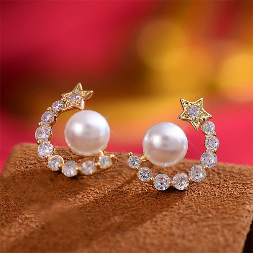 1 Pair Elegant French Style Shiny Star Plating Inlay Copper Zircon 14K Gold Plated Ear Studs