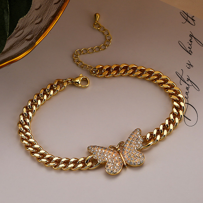 Retro Simple Style Butterfly Copper Plating Inlay Zircon 18K Gold Plated Bracelets