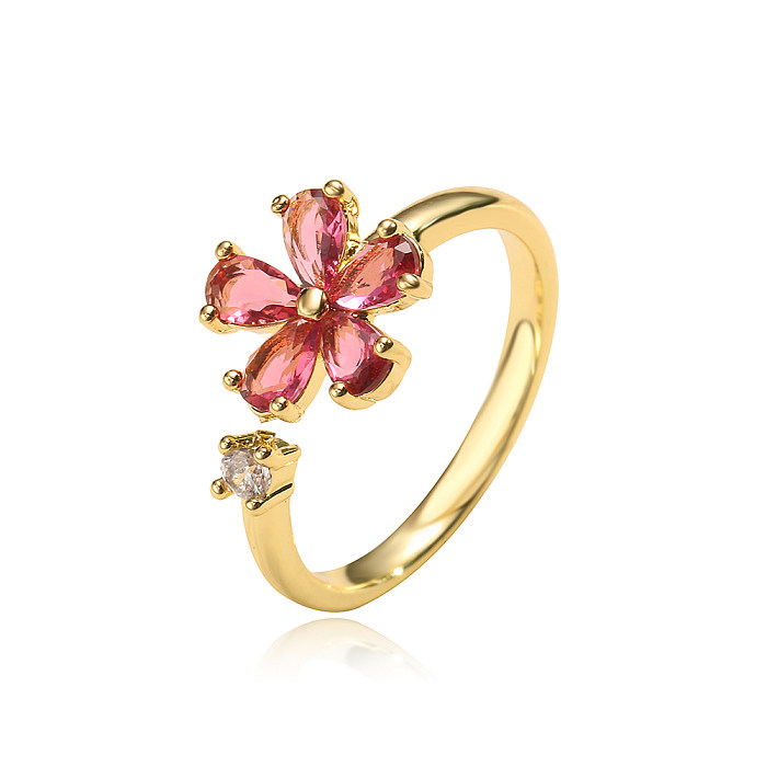 Moda fofa banhada a ouro 18K com zircônia em forma de flor incrustada em anel aberto feminino