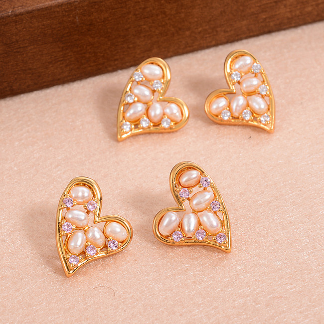 1 Pair French Style Sweet Heart Shape Plating Inlay Copper Zircon 18K Gold Plated Ear Studs