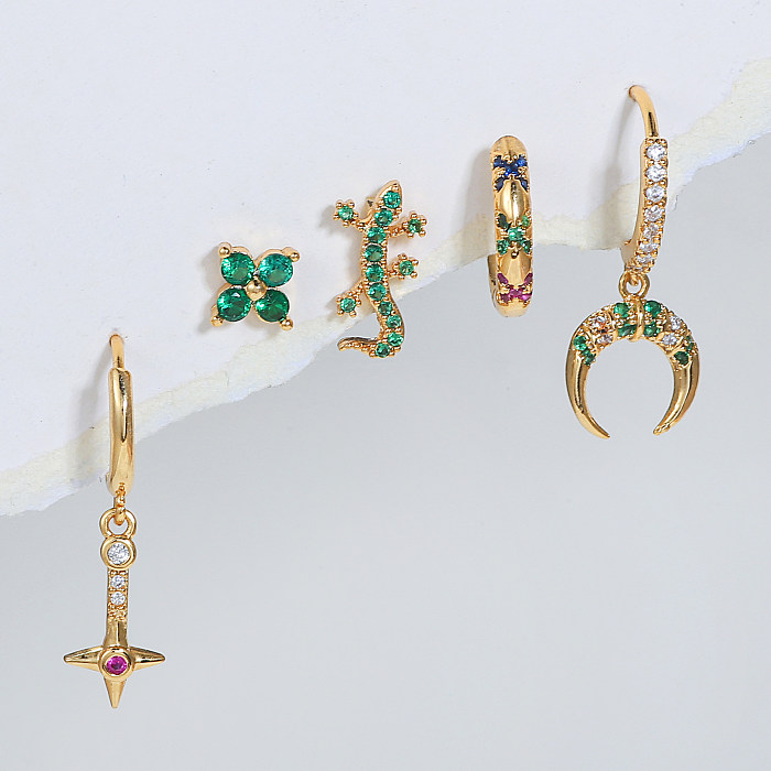 Fashion Flower Lizard Copper Gold Plated Zircon Earrings 5 Piece Set
