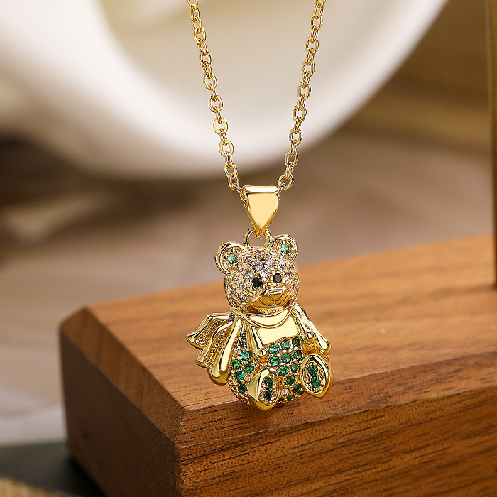 Simple Style Commute Little Bear Copper Plating Inlay Zircon 18K Gold Plated Pendant Necklace
