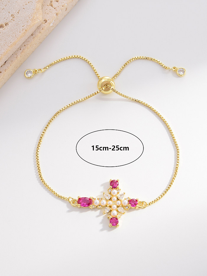 Elegant Cross Copper Plating Inlay Artificial Pearls Zircon Gold Plated Bracelets