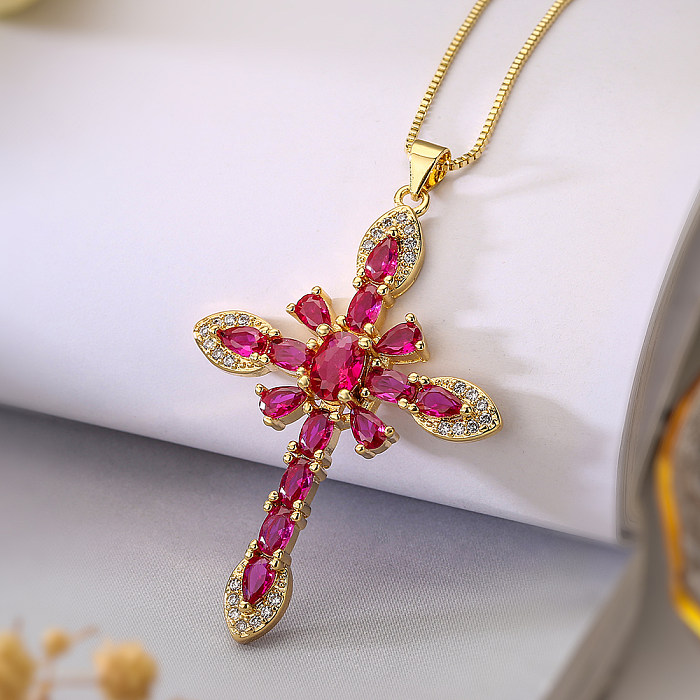 Retro Classic Style Cross Copper Plating Inlay Zircon 18K Gold Plated Pendant Necklace