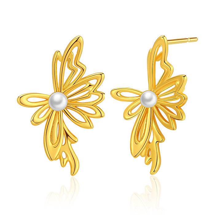 1 Paar Barock-Ohrringe in C-Form mit geometrischer Blumenbeschichtung, Imitationsperle, Kupfer, 18 Karat vergoldet