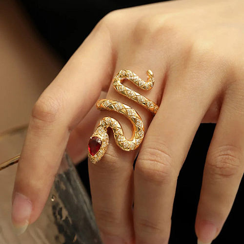 Anillo abierto de piedras preciosas artificiales con incrustaciones de cobre de serpiente de estilo moderno
