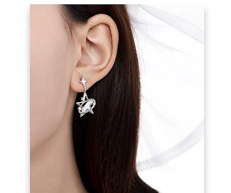 1 paire de boucles d'oreilles pendantes en cuivre et Zircon, Design Original, étoile plaquée émail, incrustation de cuivre et de Zircon