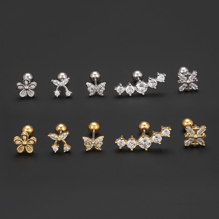 1 Piece IG Style Simple Style Geometric Flower Butterfly Plating Inlay Brass Zircon 18K Gold Plated White Gold Plated Ear Studs
