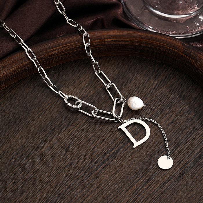 Vintage Style Simple Style Letter Freshwater Pearl Copper Silver Plated Zircon Necklace In Bulk