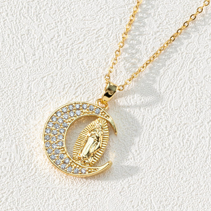 Collar con colgante de circonita chapado en oro y cobre ovalado con luna de moda, 1 pieza
