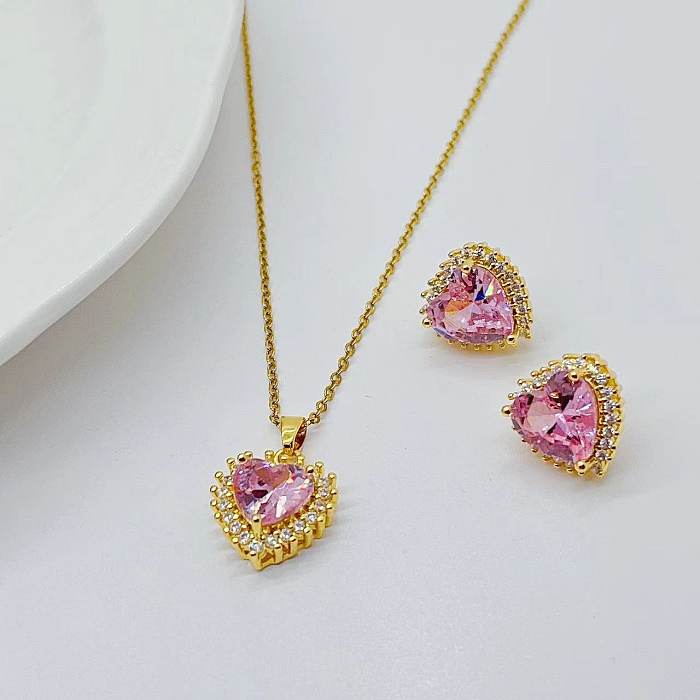 2 peças moda coração forma titânio chapeamento de aço incrustação zircão conjunto de joias femininas