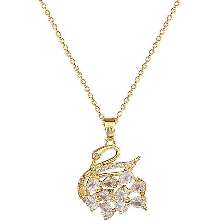 Classic Style Swan Titanium Steel Copper Inlay Artificial Gemstones Pendant Necklace
