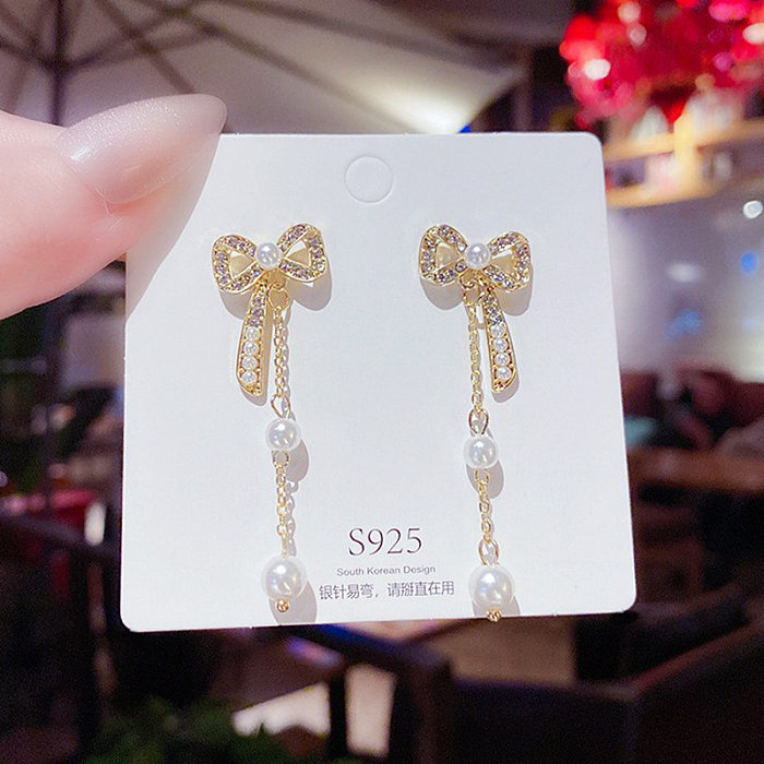 1 Pair Fashion Heart Shape Bow Knot Copper Inlay Zircon Drop Earrings
