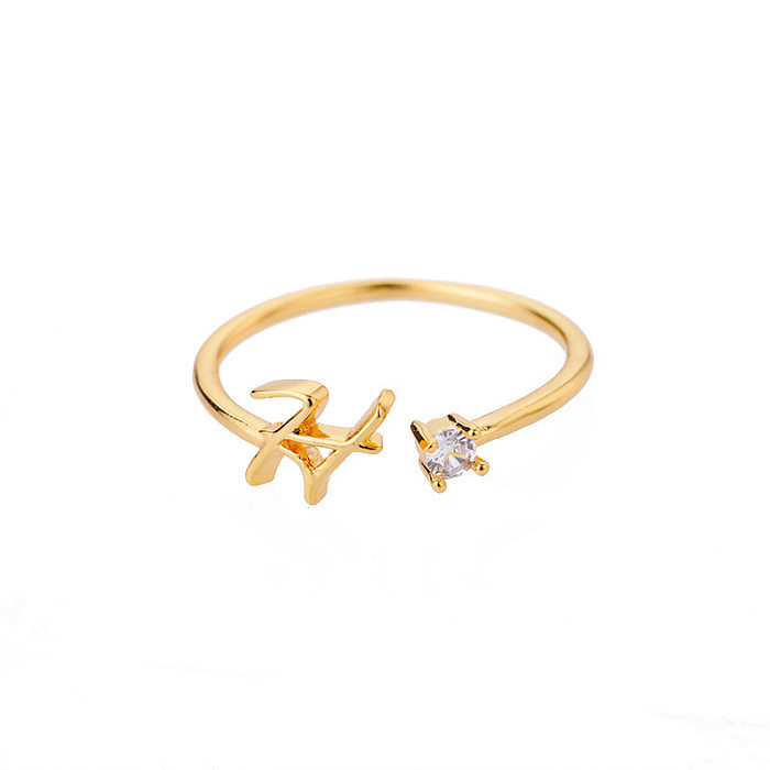 IG Style Simple Style Letter Copper Plating Inlay Zircon 18K Gold Plated Open Ring