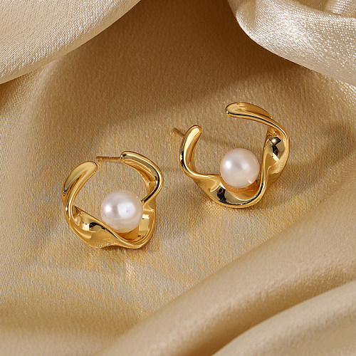 1 paire de clous d'oreilles plaqués or 18 carats, incrustation irrégulière de Style Simple, perles en cuivre