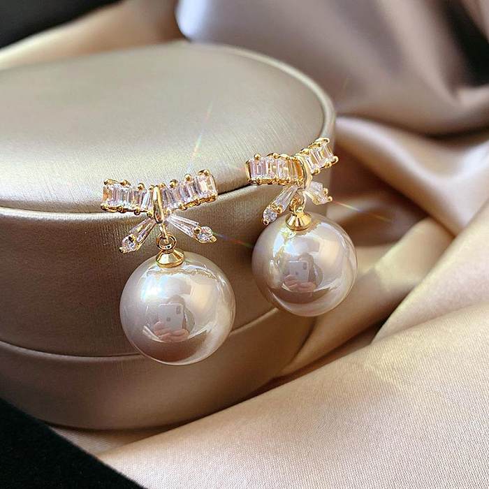 Retro Bow Knot Copper Plating Artificial Pearls Drop Earrings 1 Pair