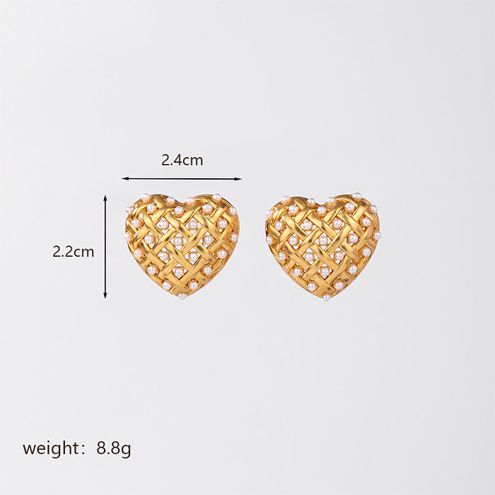 1 paire décontracté dame trajet coeur forme placage incrustation Imitation perle cuivre Zircon 18K plaqué or clous d'oreille