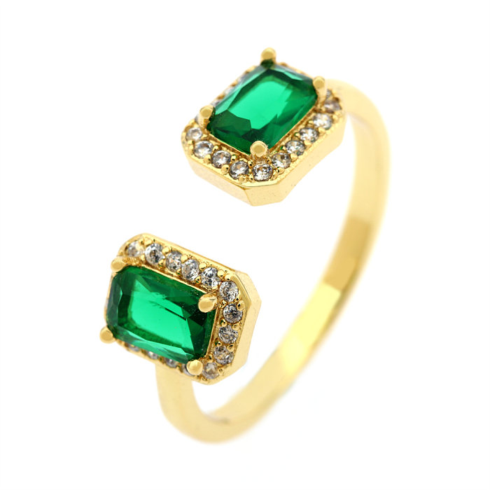IG Style Elegant Lady Square Copper Plating Inlay Zircon 18K Gold Plated Open Rings