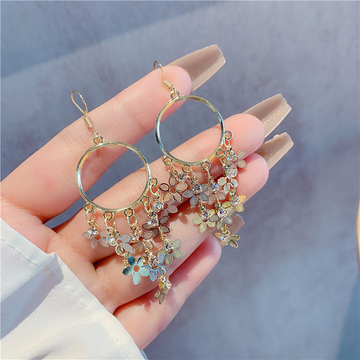 1 Pair Sweet Flower Inlay Copper Artificial Crystal Drop Earrings