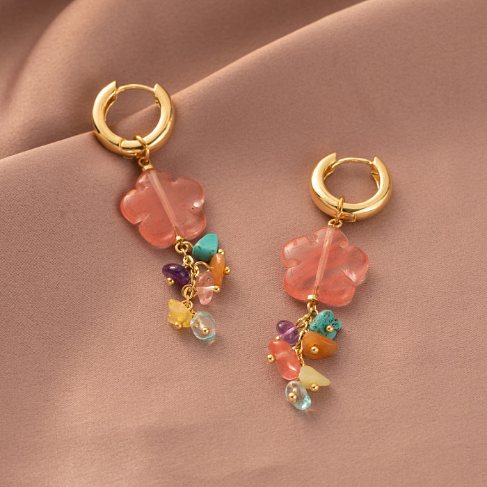 1 Pair Vintage Style Sweet Flower Plating Natural Stone Copper Drop Earrings