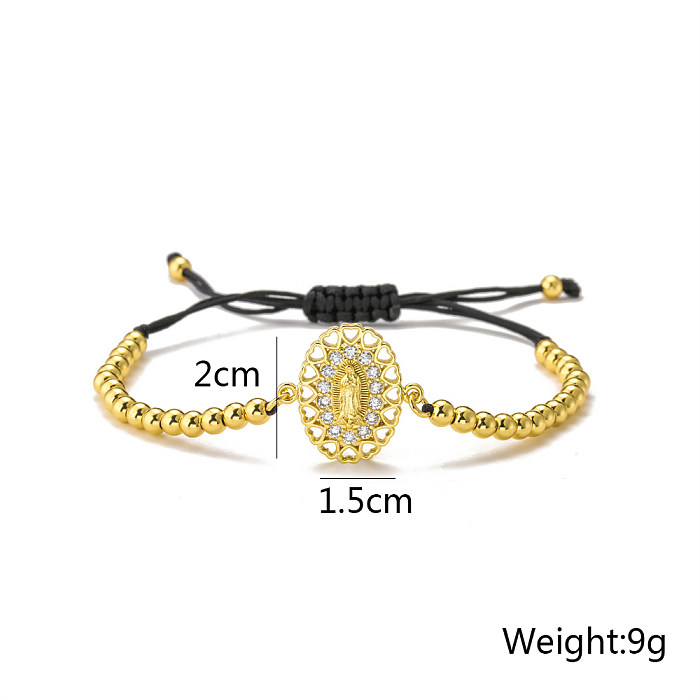 Fashion Copper Plating 18K Gold Zircon Inlay Virgin Mary Bead Braid Rope Adjustable Bracelet