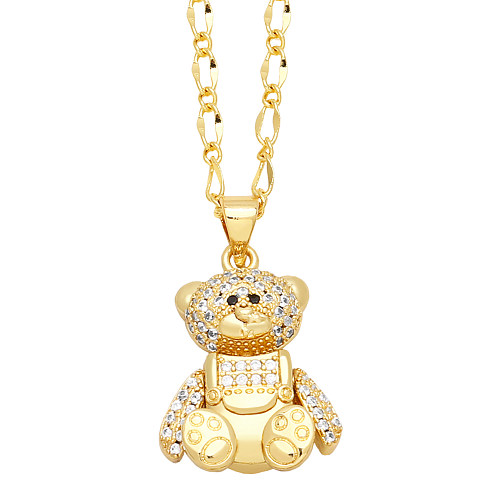 Cute Classic Style Little Bear Copper Plating Inlay Zircon 18K Gold Plated Necklace