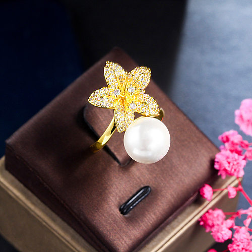 Elegant Ball Flower Copper Plating Inlay Artificial Gemstones Artificial Pearls 14K Gold Plated White Gold Plated Rhodium Plated Open Rings