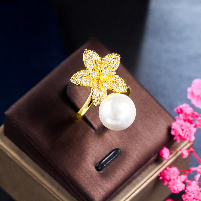 Elegante bola flor chapeamento de cobre incrustação de pedras preciosas artificiais pérolas artificiais banhado a ouro 14K branco banhado a ouro anéis abertos banhados a ródio