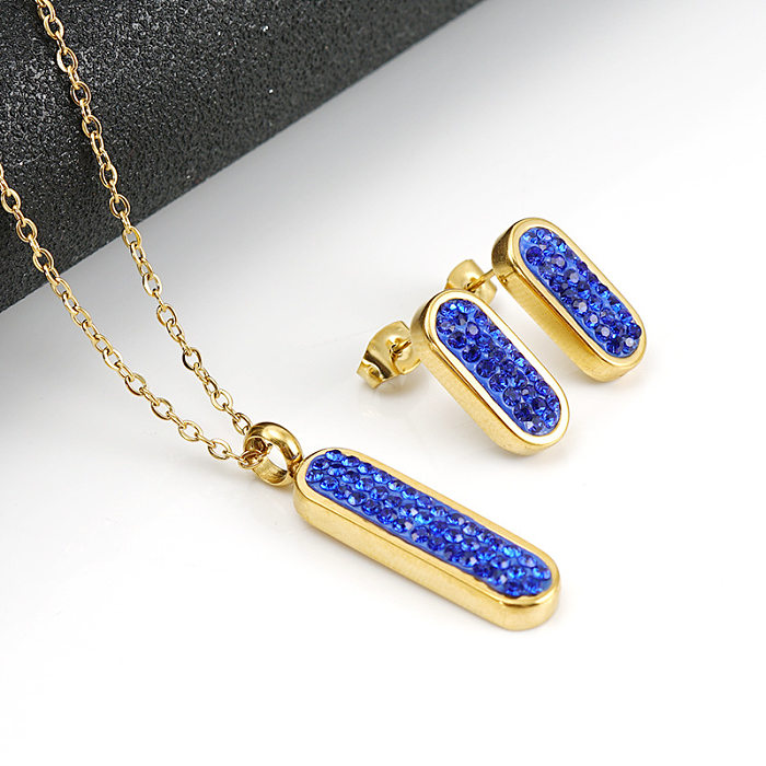 Fashion Oval Stainless Steel Plating Zircon Earrings Necklace 1 Set