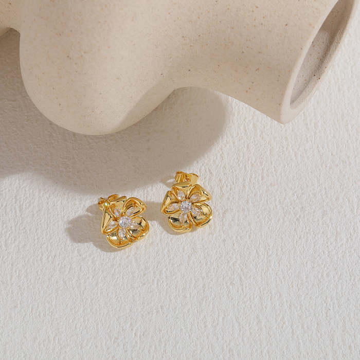 1 Pair Elegant Luxurious Classic Style Geometric Heart Shape Inlay Copper Pearl Zircon 14K Gold Plated Earrings