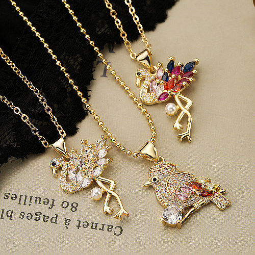 Simple Style Commute Flamingo Bird Copper 18K Gold Plated Pearl Zircon Pendant Necklace In Bulk