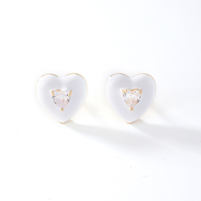 1 Pair Sweet Simple Style Heart Shape Enamel Inlay Copper Zircon Ear Studs